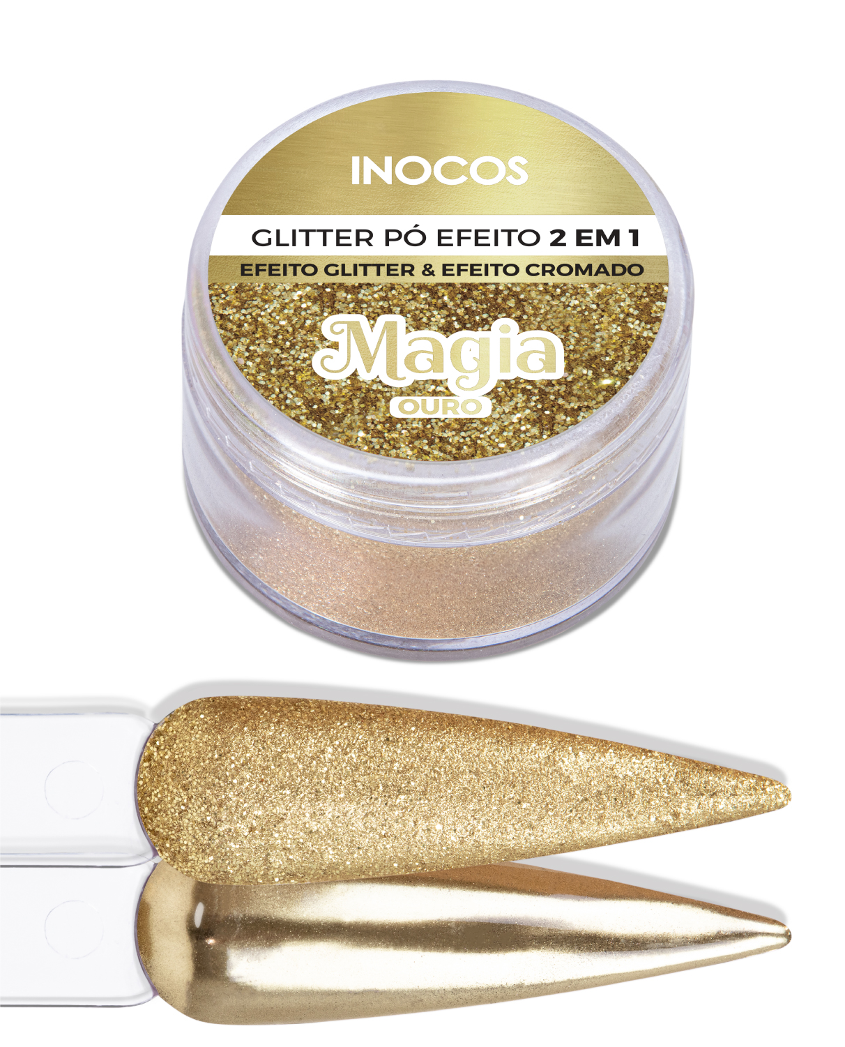 Pó de glitter dourado INOCOS com embalagem redonda e amostras de aplicação dourada