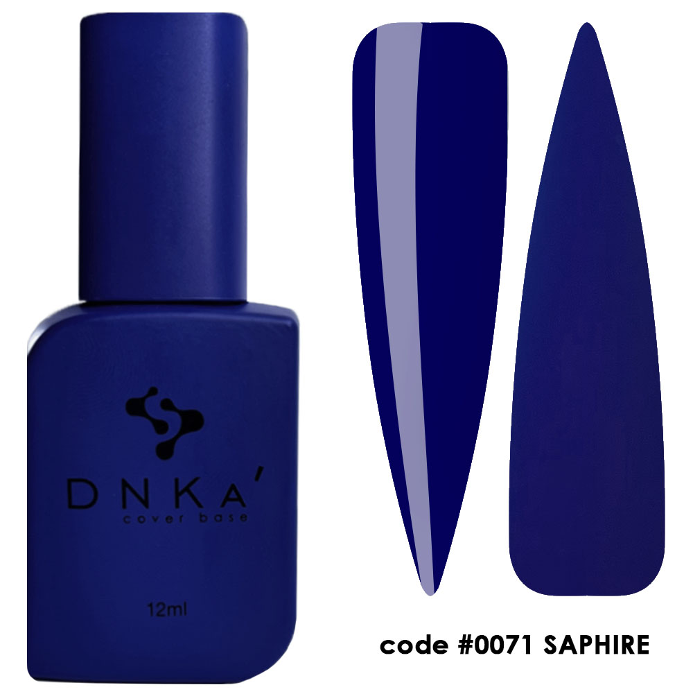 Frasco de verniz para unhas DNKA' azul escuro com amostras da cor SAPHIRE.