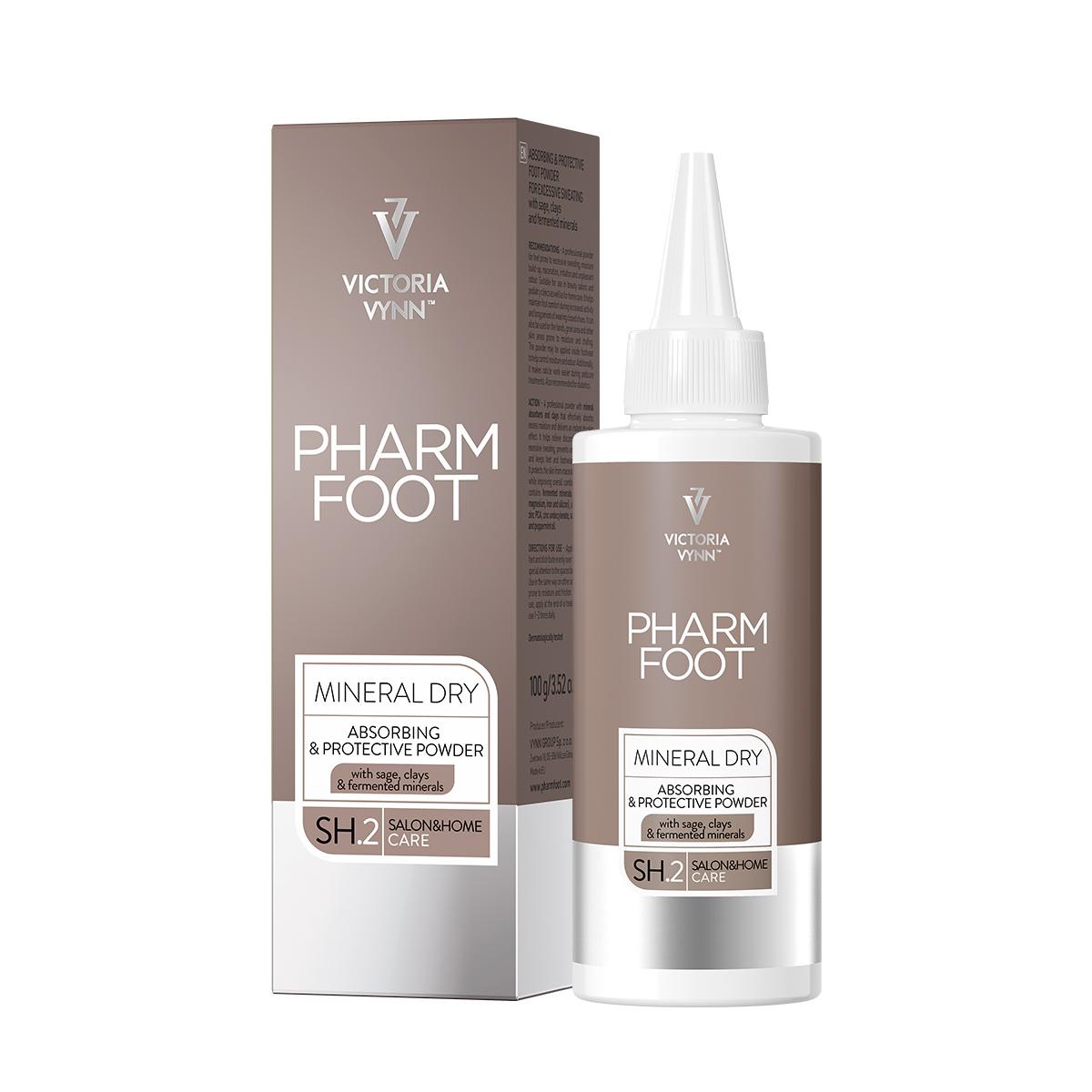 Pó mineral seco absorvente PHARM FOOT da VICTORIA VYNN em embalagem bege e branca