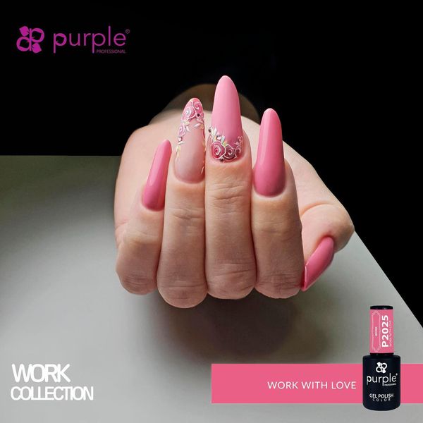 Unhas compridas rosa com detalhes florais 3D e verniz da marca Purple Professional