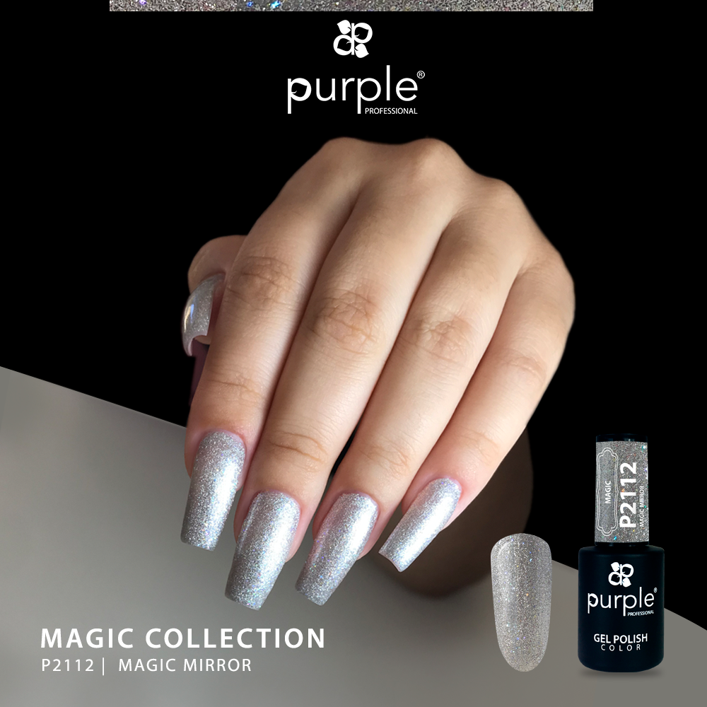 Unha com verniz gel prateado brilhante da Purple Professional coleção Magic Collection P2112 Magic Mirror