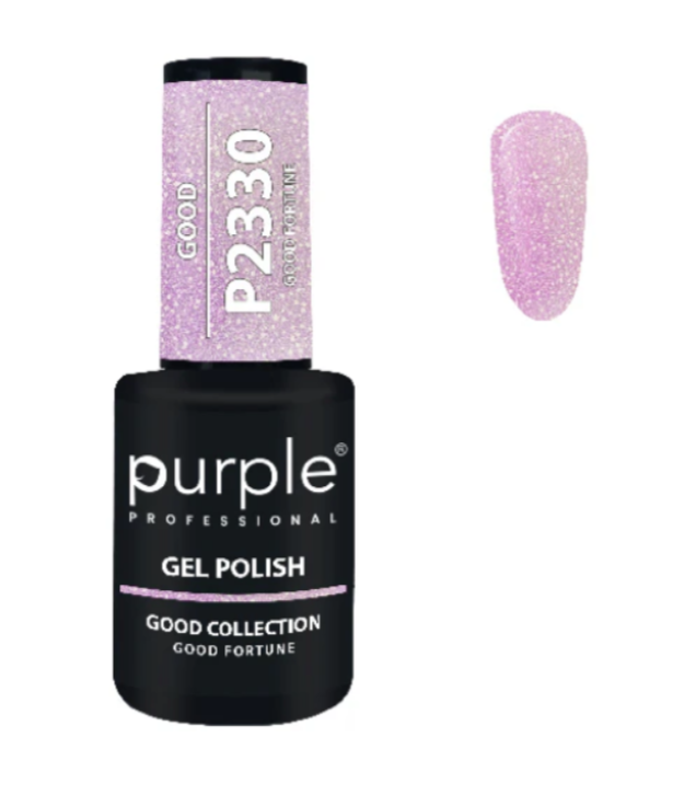 Frasco de esmalte em gel preto com tampa lilás brilhante e amostra da cor