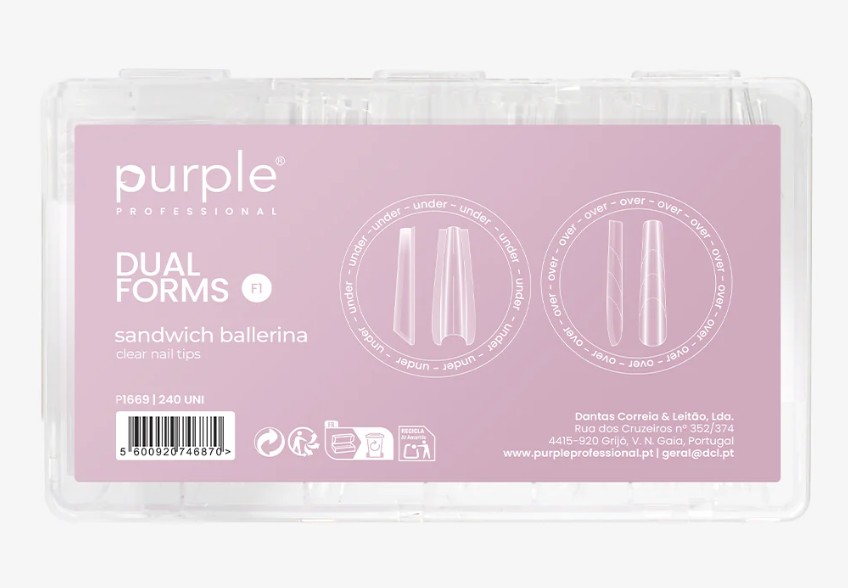 Embalagem plástica transparente com rótulo lilás contendo tips para unhas claras sandwich ballerina