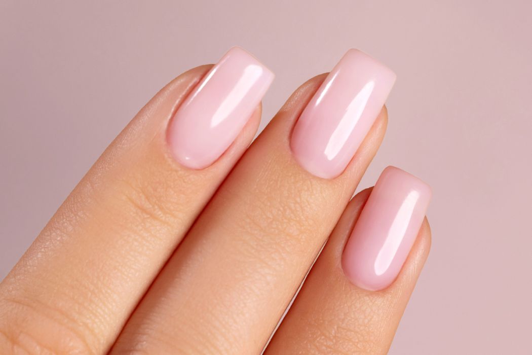 Mão com unhas postiças rosa claro e brilhantes