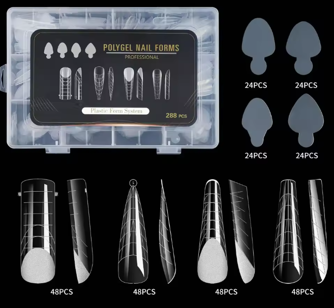 Estojo transparente com 288 formas de unhas Polygel profissionais e ilustracoes das formas