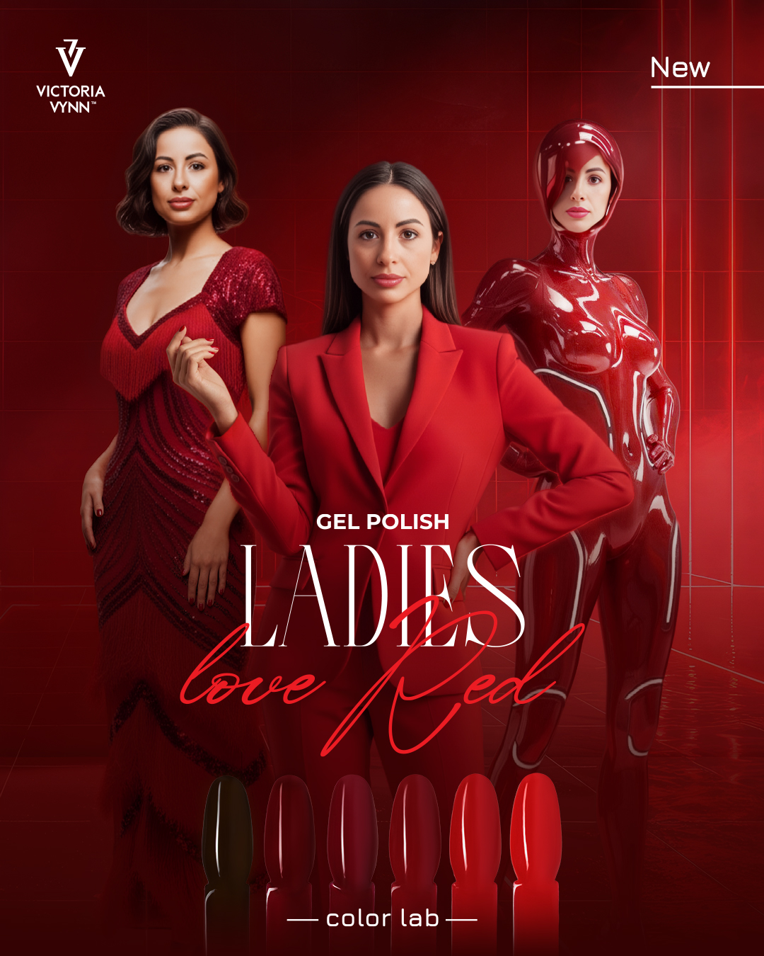 Anúncio de verniz gel vermelho com três mulheres em roupa vermelha e amostras de verniz.
