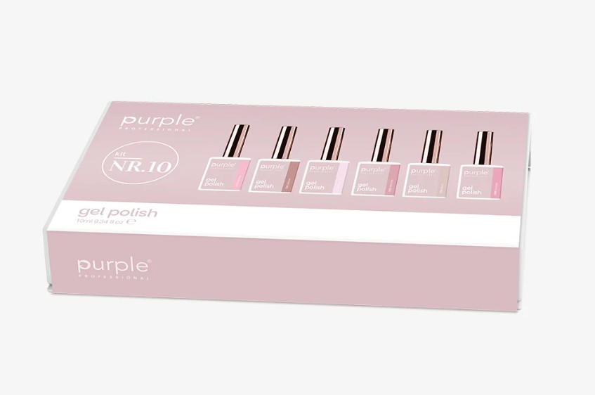 Caixa rosa de verniz gel para unhas Purple Professional kit NR.10 com seis frascos