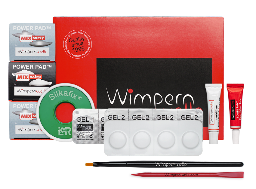 Kit de alongamento de pestanas Wimpernwelle com vários componentes e embalagem vermelha e preta