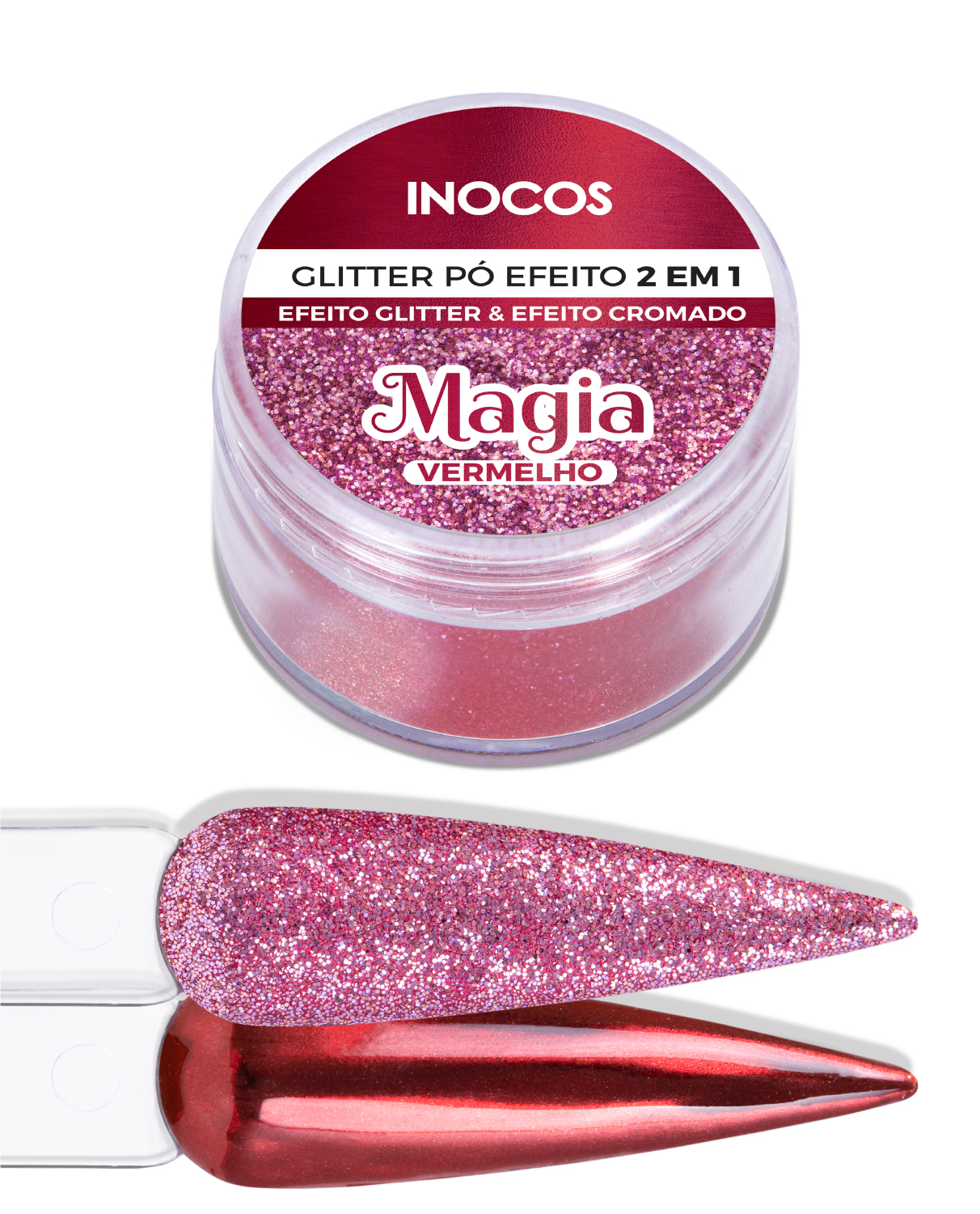 Frasco de glitter vermelho e amostras de glitter e efeito cromado
