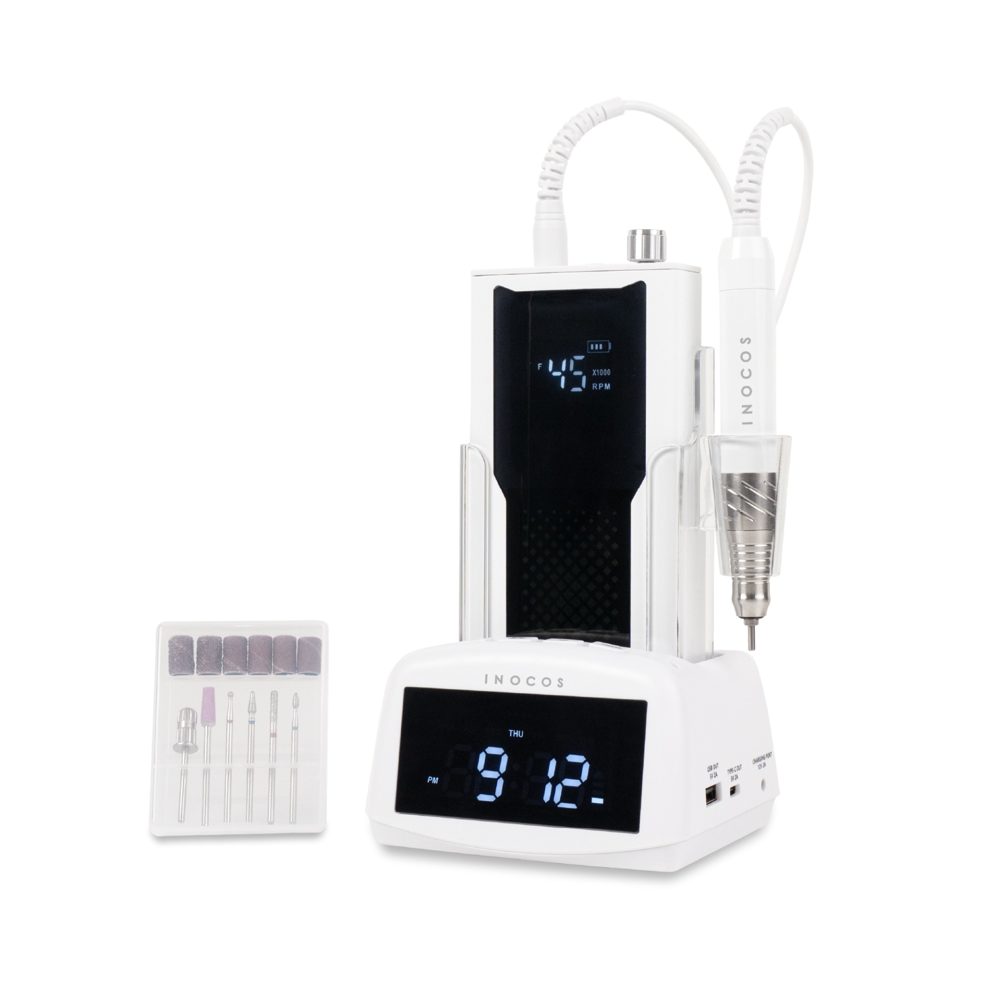 Conjunto de manicure elétrico branco INOCOS com base digital e acessórios