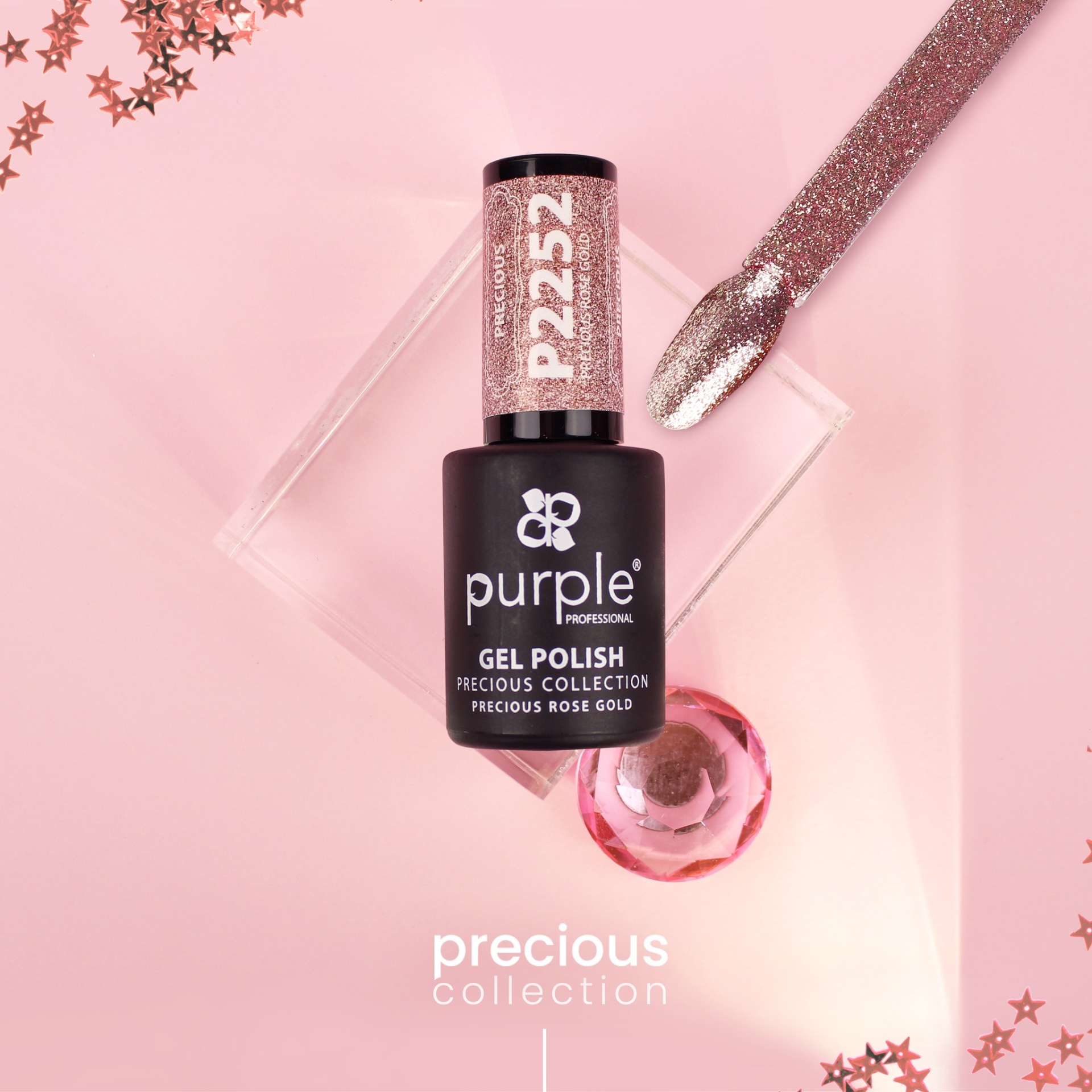 Frasco de verniz em gel Precious Rose Gold da Purple Professional sobre fundo rosa com detalhes de estrelas