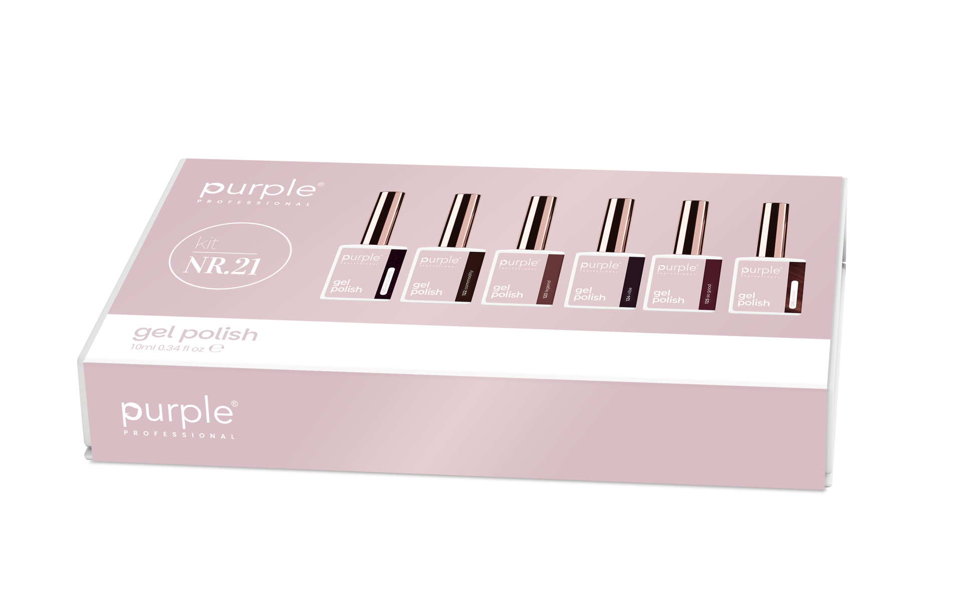 Conjunto de verniz gel Purple Professional kit NR.21 com cinco frascos em caixa rosa