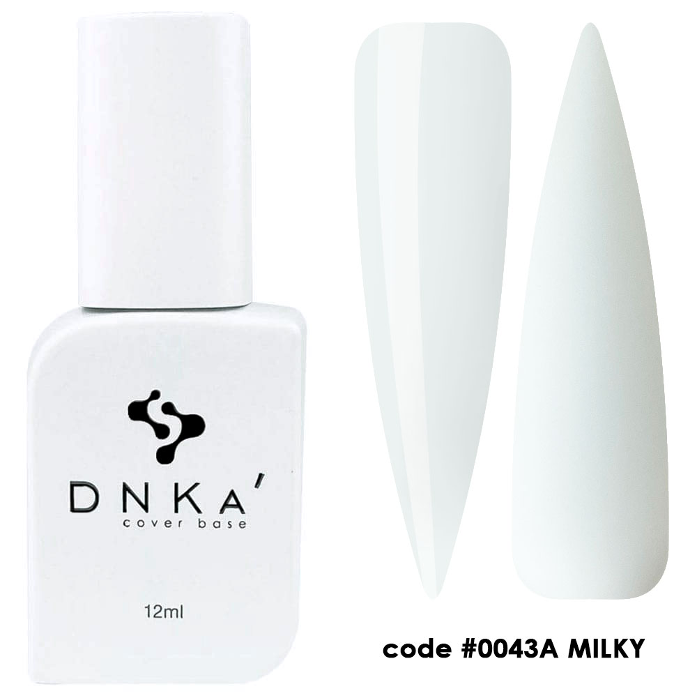 Frasco branco de verniz de unhas DNKA' com amostras de cor MILKY e código