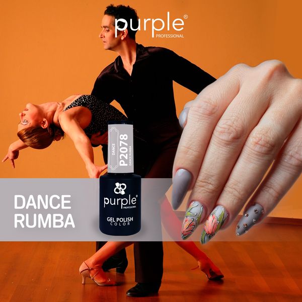 Verniz gel para unhas Purple Professional cor P2078 com casal a dançar rumba e unhas decoradas.