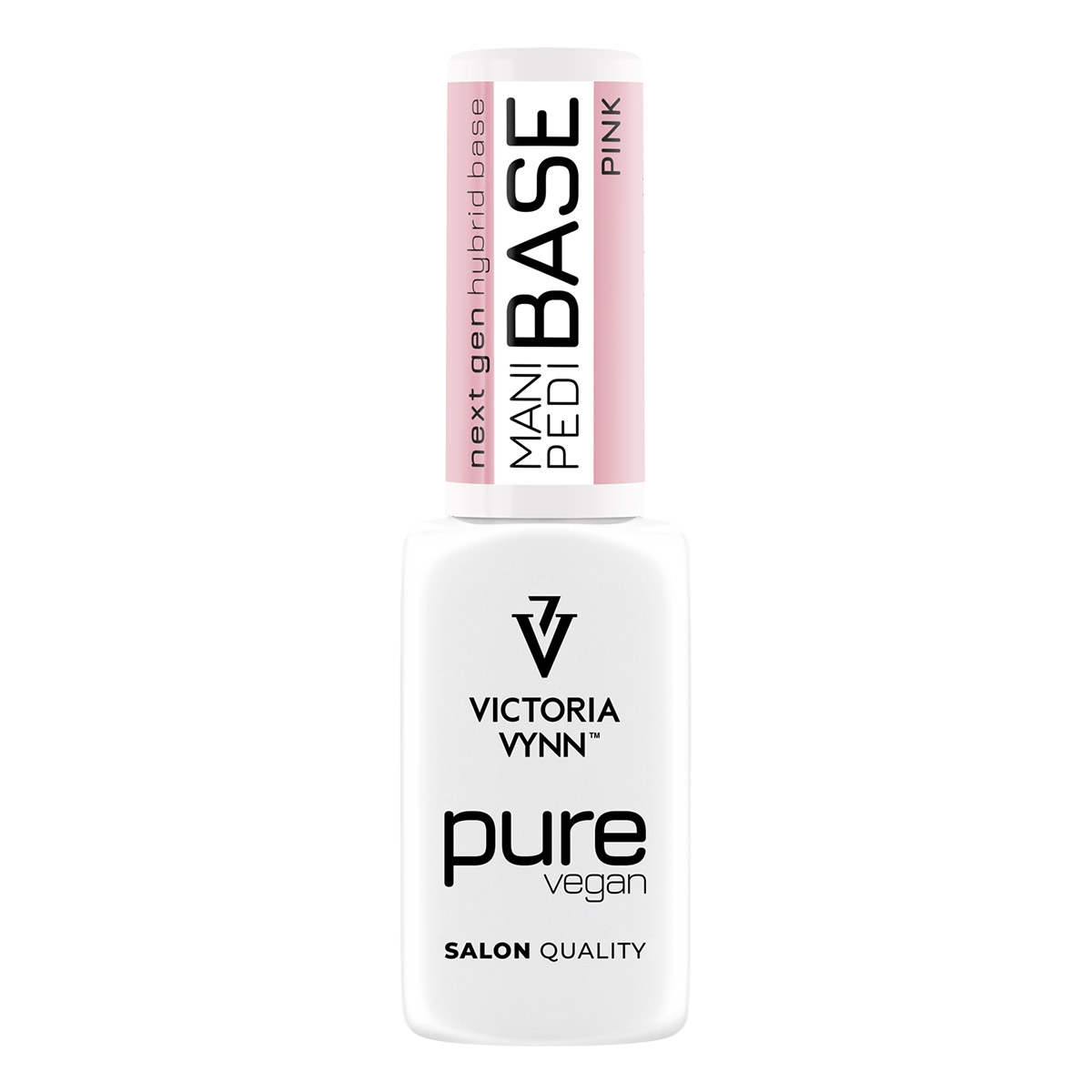 Frasco de verniz para unhas branco com tampa rosa claro e texto preto