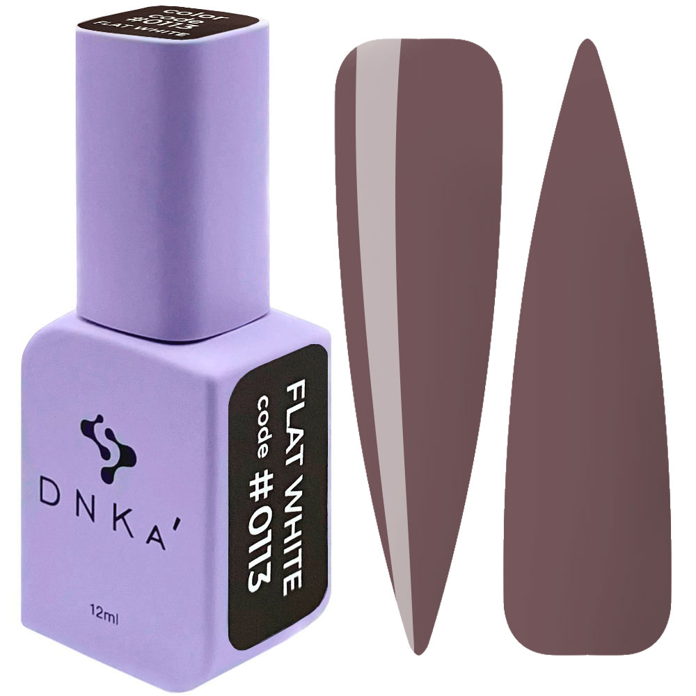 Verniz de unhas DNKA lilás com rótulo FLAT WHITE code #0113 e amostras de cor castanho acinzentado