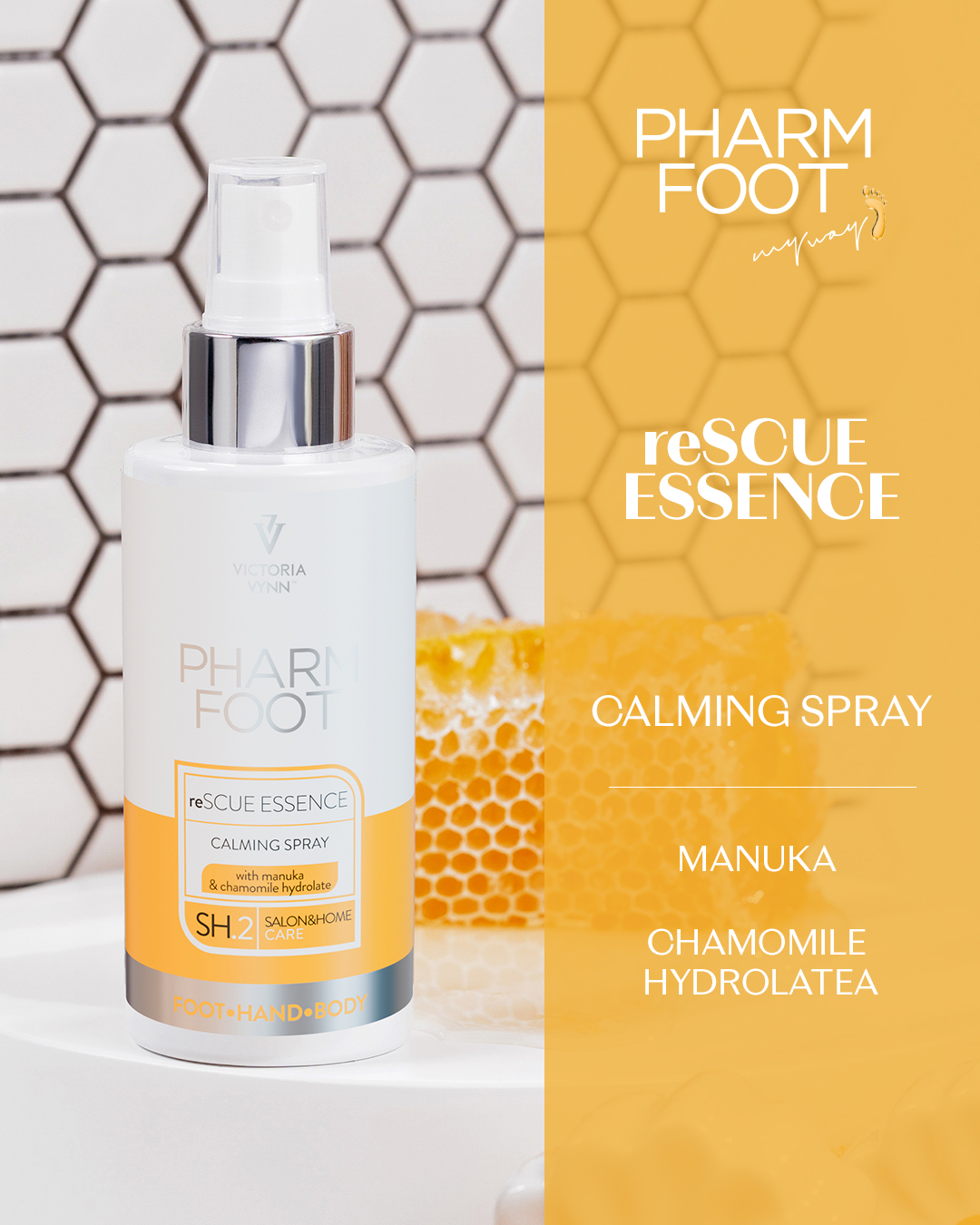 Frasco de spray PHARM FOOT reSCUE ESSENCE com embalagem branca e detalhes amarelos junto a favo de mel
