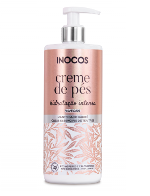 Frasco de creme de pés INOCOS rosa e branco com tampa de bomba.