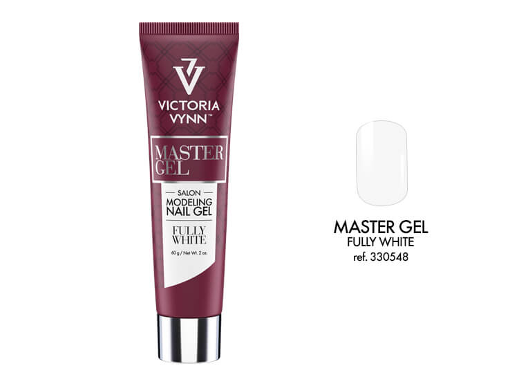 Tubo de gel para unhas Victoria Vynn Master Gel cor branca com amostra e texto descritivo