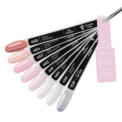 Paleta de amostras de cores de verniz gel em tons rosa e nude com etiquetas identificadoras.