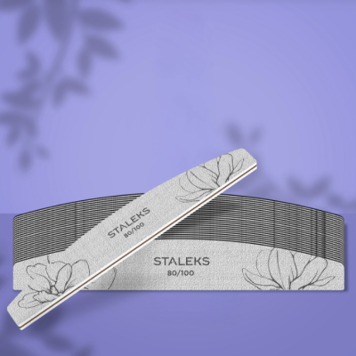 Lixas para unhas STALEKS cinza com padrão floral e texto 80/100