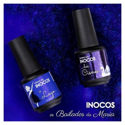 Dois frascos de verniz gel INOCOS sobre fundo azul com brilhos