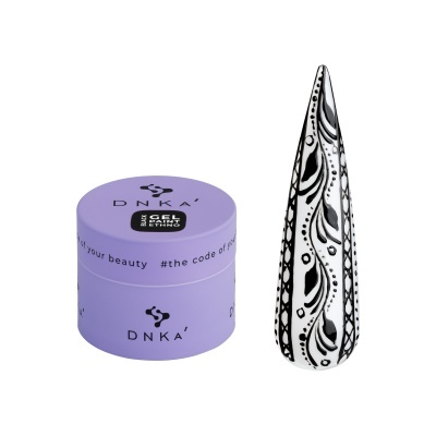 Frasco roxo de gel paint DNKA com unha postiça branca decorada em preto