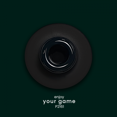 Peça circular preta com anel brilhante central e texto 'enjoy your game P2161' no fundo escuro