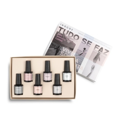 Conjunto de seis vernizes gel INOCOS em caixa bege com tampa decorada