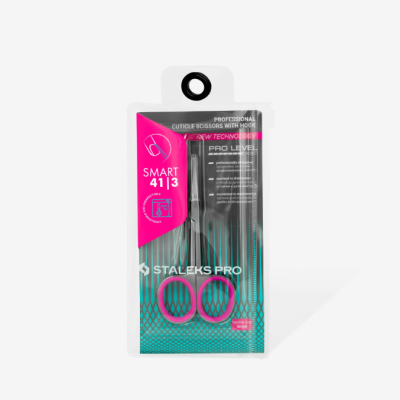 Tesoura para cutículas Staleks Pro SMART 41|3 com cabo rosa em embalagem