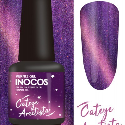 Frasco de verniz gel Inocos cor Cat Eye Ametista e amostra da cor
