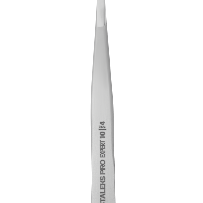 Pinça metálica branca com ponta inclinada e texto impresso em preto