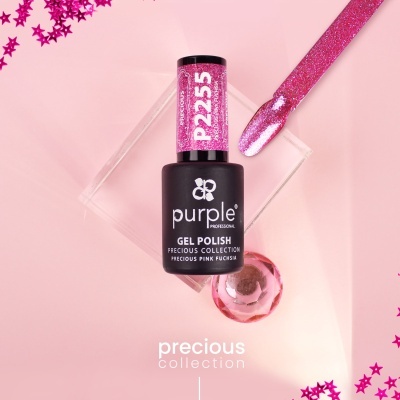 Verniz gel Purple Precious Pink Fuchsia em embalagem preta com tampa rosa brilhante