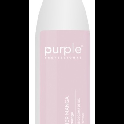 Garrafa branca com rótulo rosa claro de removedor de cola de gel da marca Purple Professional