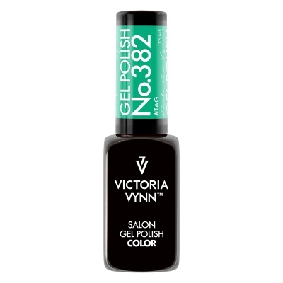 Frasco preto de verniz gel para unhas Victoria Vynn com tampa preta e rótulo verde com texto branco.