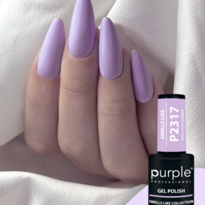 Unha com verniz gel lilás fosco e frasco de verniz da marca Purple Professional, código P2317.