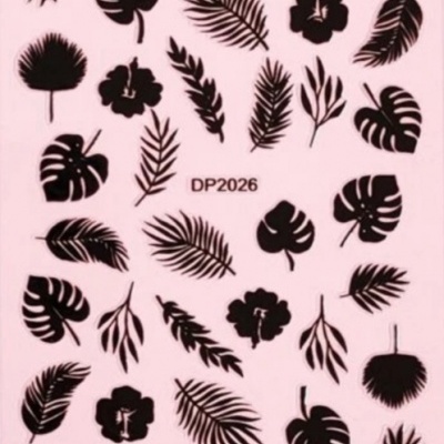 Folhas e flores pretas em fundo rosa com código DP2026