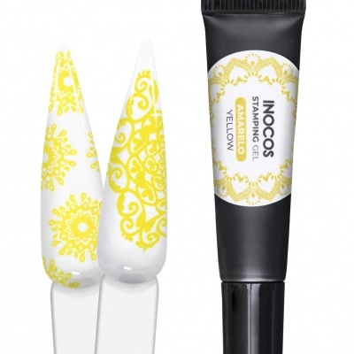 Gel para carimbo de unhas INOCOS Stamping Gel Yellow com desenhos amarelos em unhas brancas