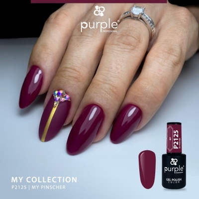Unhas bordô com decoração e verniz gel P2125 MY PINSCHER da purple professional