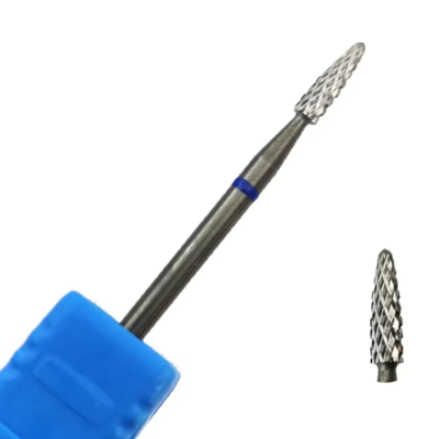 Instrumento rotativo metálico com haste azul e ponta de corte cruzado