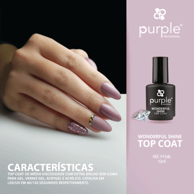 Mão com unhas lilás fosco e glitter rosa ao lado de frasco de verniz Purple Top Coat 15ml