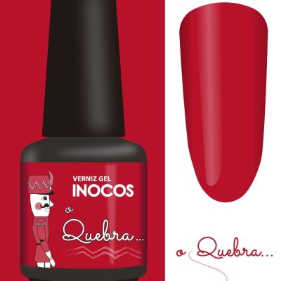 Frasco de verniz gel vermelho INOCOS com desenho de soldadinho e texto 'o Quebra...'