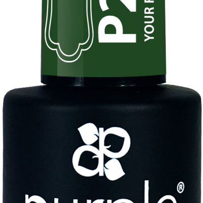 Frasco de verniz gel para unhas preto com tampa verde e texto branco