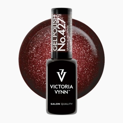 Frasco de verniz gel Victoria Vynn No.427 Sparkle Brownie com amostra do verniz castanho brilhante