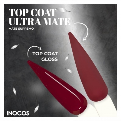 Duas amostras de verniz para unhas vermelho escuro, uma mate e outra gloss, com texto promocional ao fundo