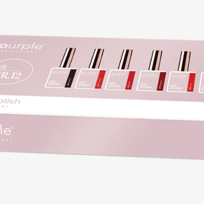 Caixa rosa claro com kit de verniz gel para unhas Purple Professional com 6 frascos em várias cores