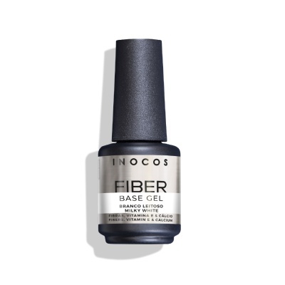 Frasco preto de base gel para unhas branco leitoso com etiqueta INOCOS FIBER.