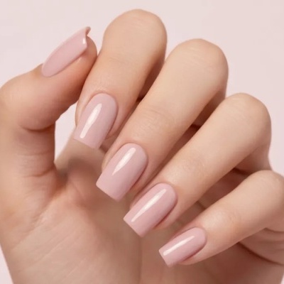 Unhas compridas quadradas pintadas de rosa claro