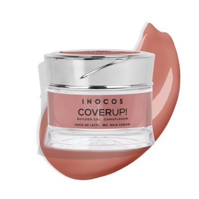 Gel construtor para unhas INOCOS COVER UP! em frasco rosa e tampa prateada.