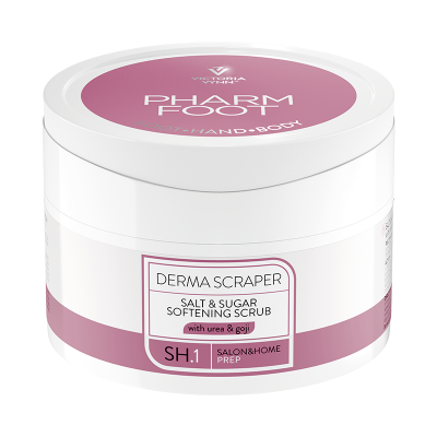 Frasco branco com creme esfoliante DERMA SCRAPER, rótulo lilás e branco.